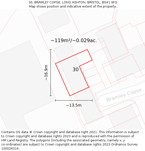 30, BRAMLEY COPSE, LONG ASHTON, BRISTOL, BS41 9FG: Plot and title map