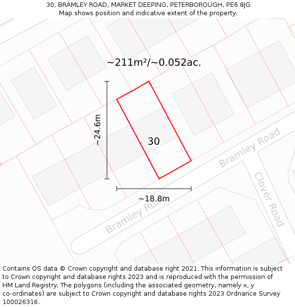 30, BRAMLEY ROAD, MARKET DEEPING, PETERBOROUGH, PE6 8JG: Plot and title map