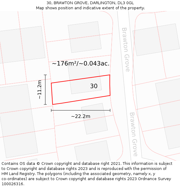 30, BRAWTON GROVE, DARLINGTON, DL3 0GL: Plot and title map