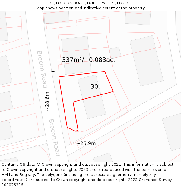 30, BRECON ROAD, BUILTH WELLS, LD2 3EE: Plot and title map