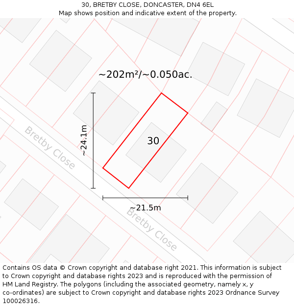 30, BRETBY CLOSE, DONCASTER, DN4 6EL: Plot and title map