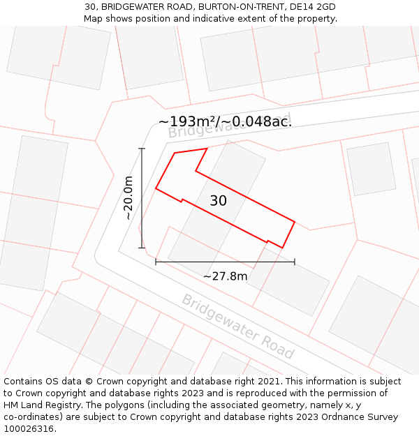 30, BRIDGEWATER ROAD, BURTON-ON-TRENT, DE14 2GD: Plot and title map