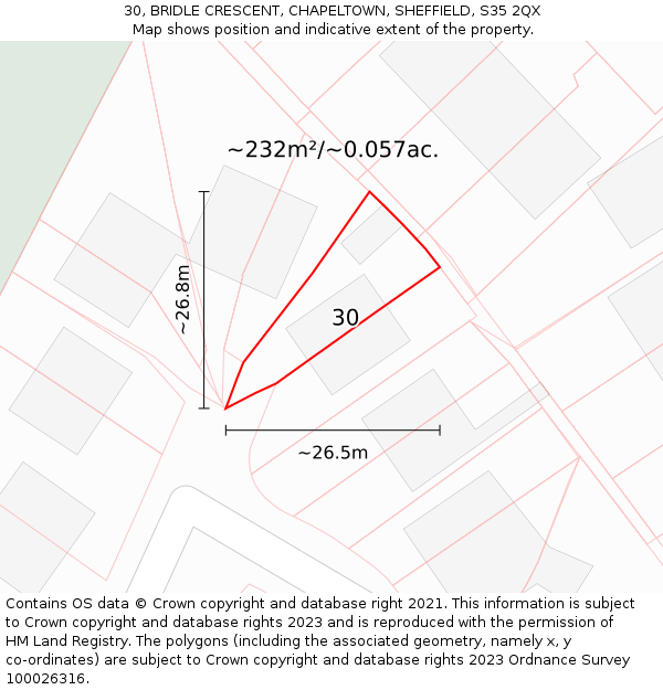 30, BRIDLE CRESCENT, CHAPELTOWN, SHEFFIELD, S35 2QX: Plot and title map