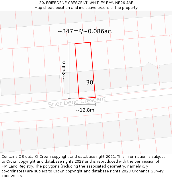 30, BRIERDENE CRESCENT, WHITLEY BAY, NE26 4AB: Plot and title map