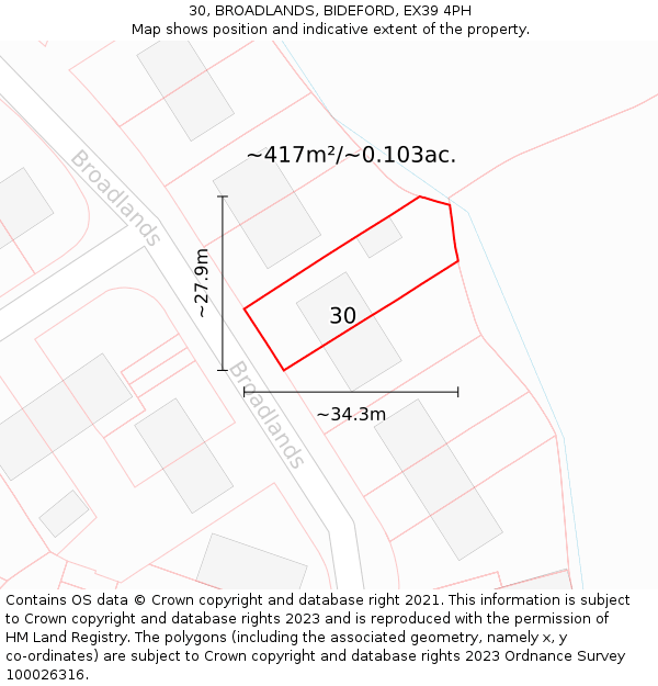 30, BROADLANDS, BIDEFORD, EX39 4PH: Plot and title map