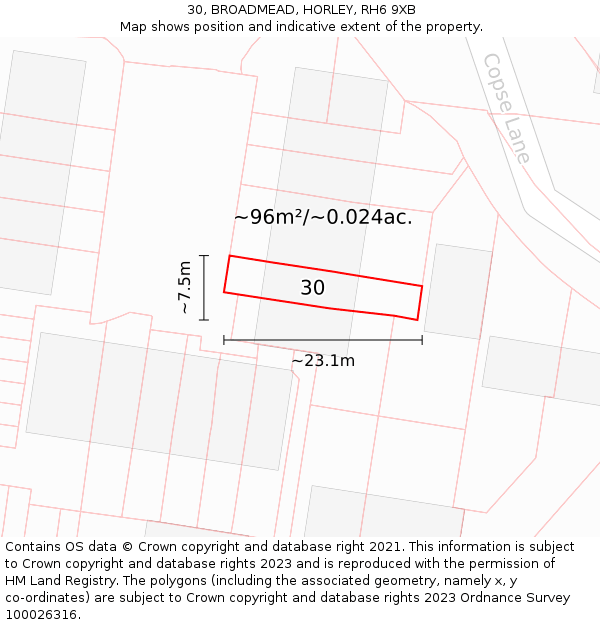 30, BROADMEAD, HORLEY, RH6 9XB: Plot and title map