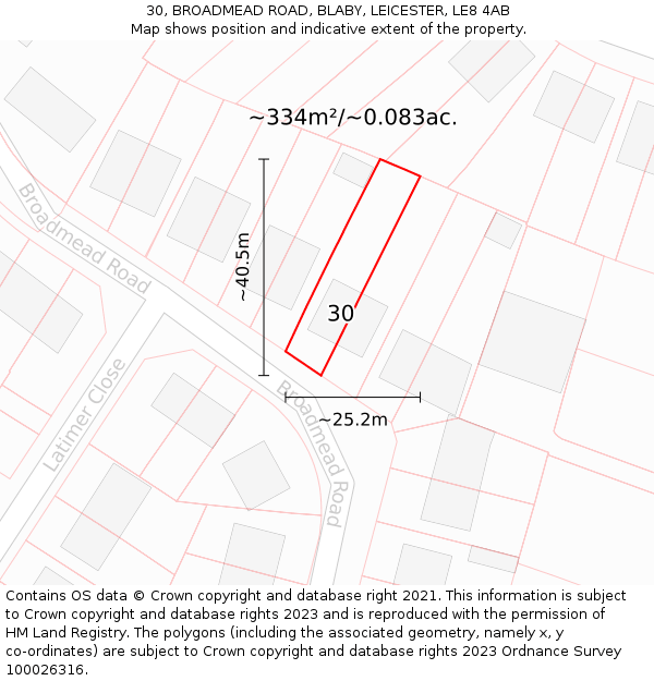 30, BROADMEAD ROAD, BLABY, LEICESTER, LE8 4AB: Plot and title map