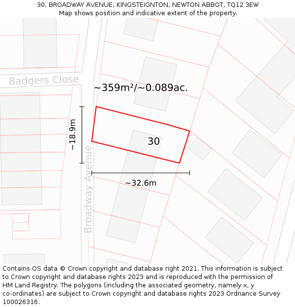 30, BROADWAY AVENUE, KINGSTEIGNTON, NEWTON ABBOT, TQ12 3EW: Plot and title map