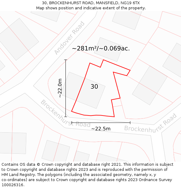 30, BROCKENHURST ROAD, MANSFIELD, NG19 6TX: Plot and title map