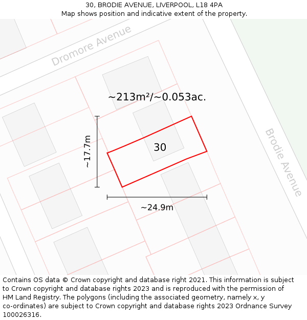 30, BRODIE AVENUE, LIVERPOOL, L18 4PA: Plot and title map