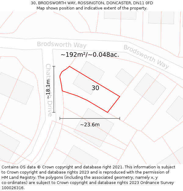 30, BRODSWORTH WAY, ROSSINGTON, DONCASTER, DN11 0FD: Plot and title map