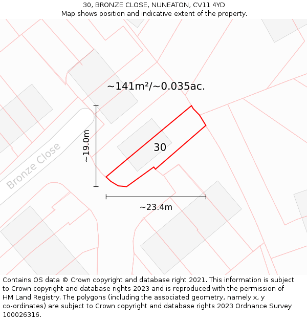 30, BRONZE CLOSE, NUNEATON, CV11 4YD: Plot and title map