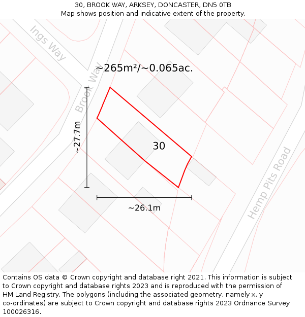30, BROOK WAY, ARKSEY, DONCASTER, DN5 0TB: Plot and title map