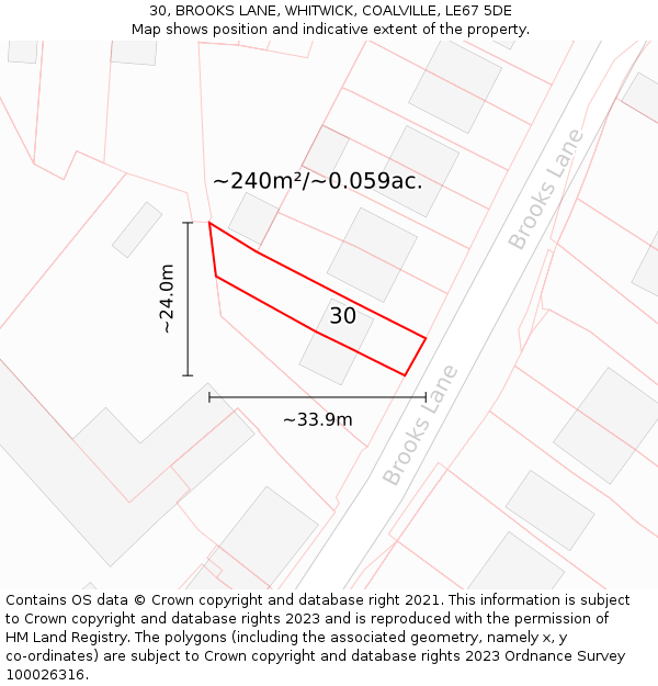 30, BROOKS LANE, WHITWICK, COALVILLE, LE67 5DE: Plot and title map