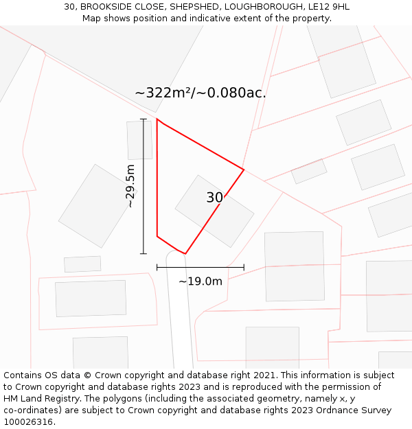 30, BROOKSIDE CLOSE, SHEPSHED, LOUGHBOROUGH, LE12 9HL: Plot and title map