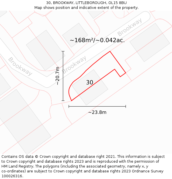 30, BROOKWAY, LITTLEBOROUGH, OL15 8BU: Plot and title map