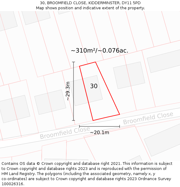 30, BROOMFIELD CLOSE, KIDDERMINSTER, DY11 5PD: Plot and title map