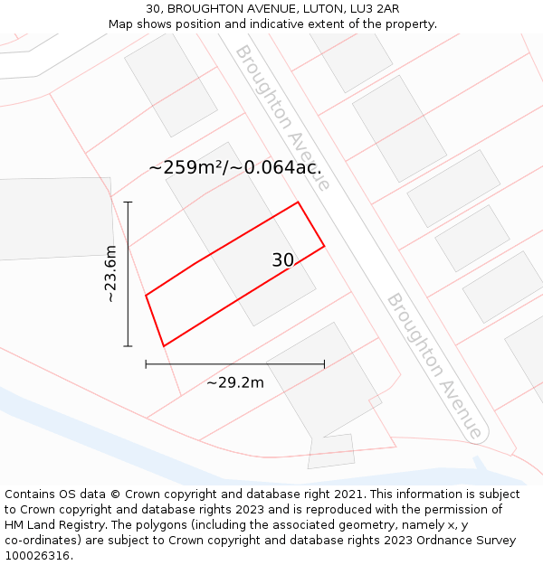 30, BROUGHTON AVENUE, LUTON, LU3 2AR: Plot and title map