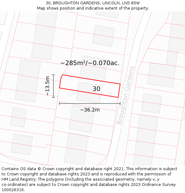 30, BROUGHTON GARDENS, LINCOLN, LN5 8SW: Plot and title map