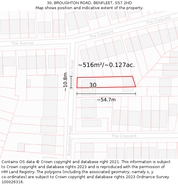 30, BROUGHTON ROAD, BENFLEET, SS7 2HD: Plot and title map