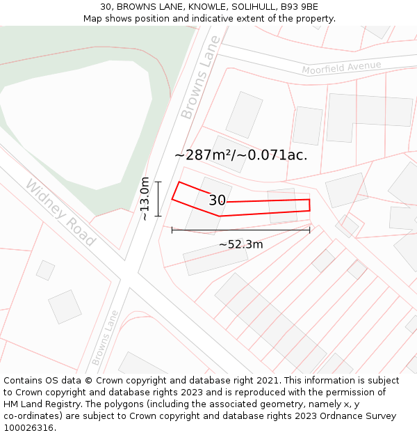 30, BROWNS LANE, KNOWLE, SOLIHULL, B93 9BE: Plot and title map