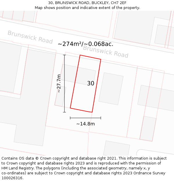 30, BRUNSWICK ROAD, BUCKLEY, CH7 2EF: Plot and title map