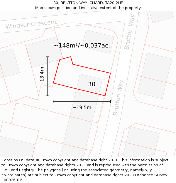 30, BRUTTON WAY, CHARD, TA20 2HB: Plot and title map