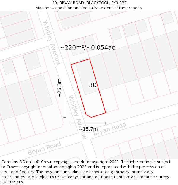 30, BRYAN ROAD, BLACKPOOL, FY3 9BE: Plot and title map