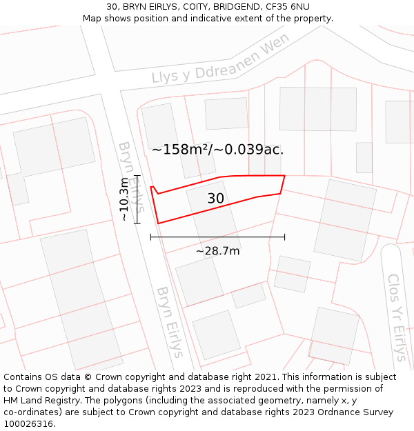 30, BRYN EIRLYS, COITY, BRIDGEND, CF35 6NU: Plot and title map