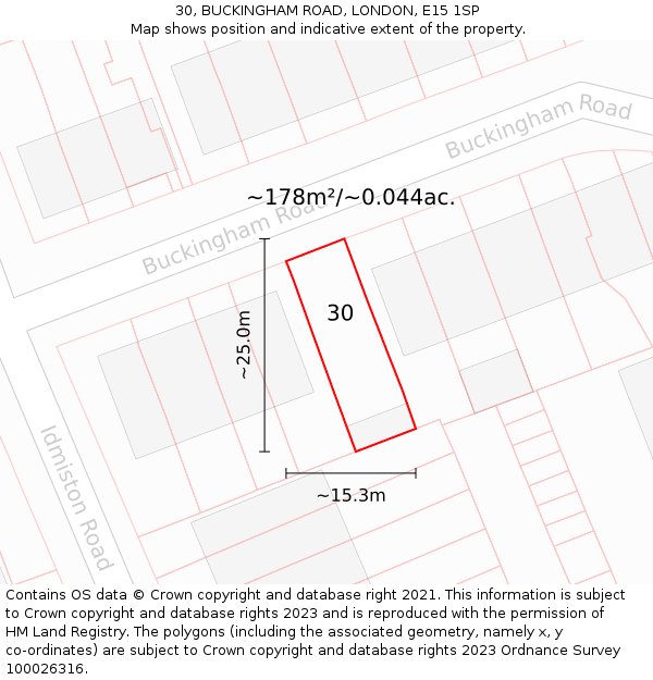 30, BUCKINGHAM ROAD, LONDON, E15 1SP: Plot and title map