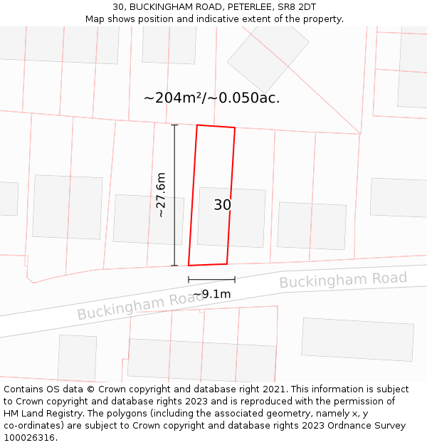 30, BUCKINGHAM ROAD, PETERLEE, SR8 2DT: Plot and title map