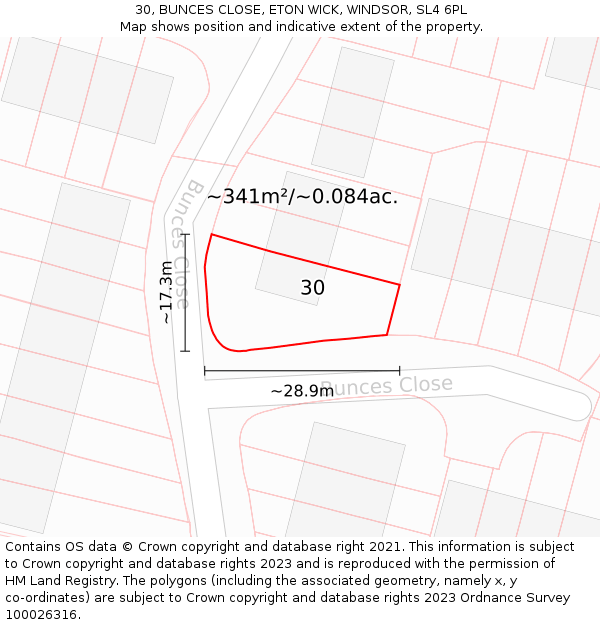 30, BUNCES CLOSE, ETON WICK, WINDSOR, SL4 6PL: Plot and title map