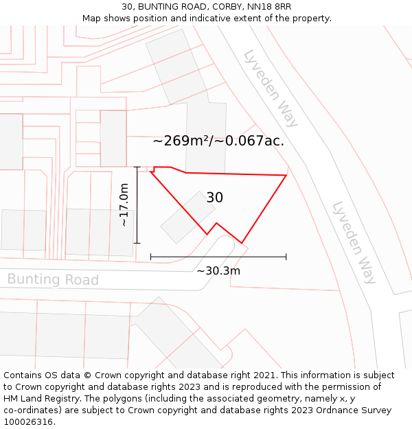 30, BUNTING ROAD, CORBY, NN18 8RR: Plot and title map