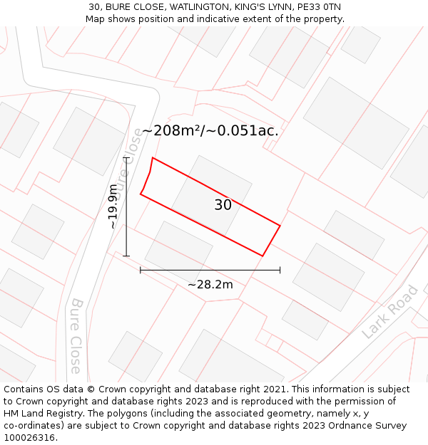 30, BURE CLOSE, WATLINGTON, KING'S LYNN, PE33 0TN: Plot and title map
