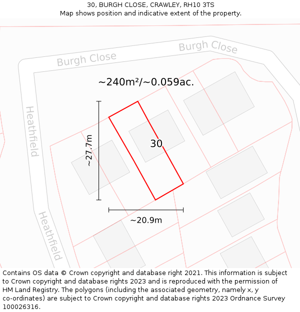 30, BURGH CLOSE, CRAWLEY, RH10 3TS: Plot and title map