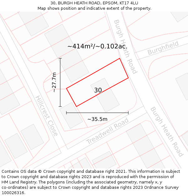30, BURGH HEATH ROAD, EPSOM, KT17 4LU: Plot and title map