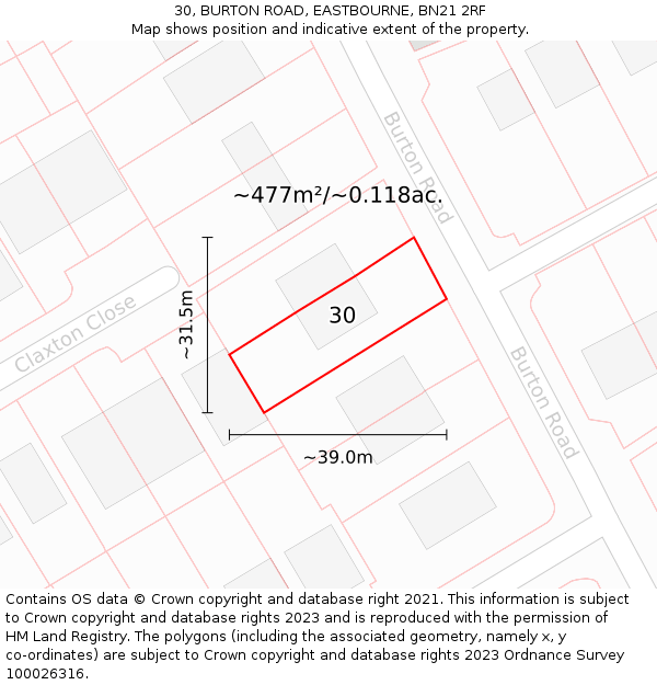30, BURTON ROAD, EASTBOURNE, BN21 2RF: Plot and title map