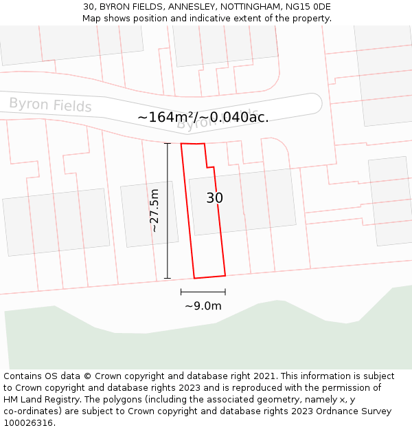 30, BYRON FIELDS, ANNESLEY, NOTTINGHAM, NG15 0DE: Plot and title map
