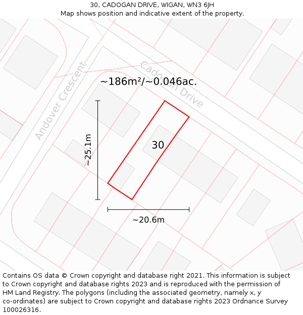 30, CADOGAN DRIVE, WIGAN, WN3 6JH: Plot and title map
