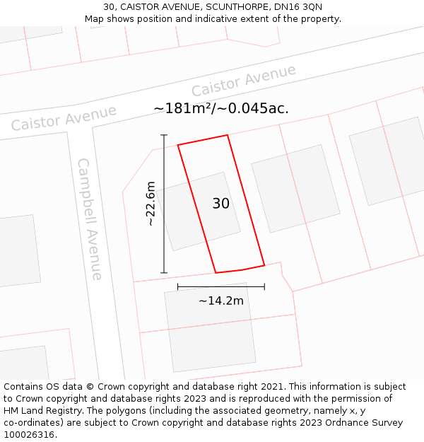 30, CAISTOR AVENUE, SCUNTHORPE, DN16 3QN: Plot and title map