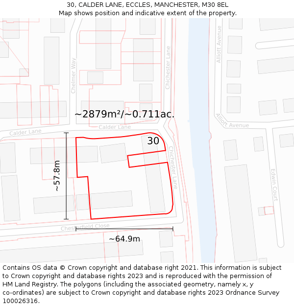 30, CALDER LANE, ECCLES, MANCHESTER, M30 8EL: Plot and title map
