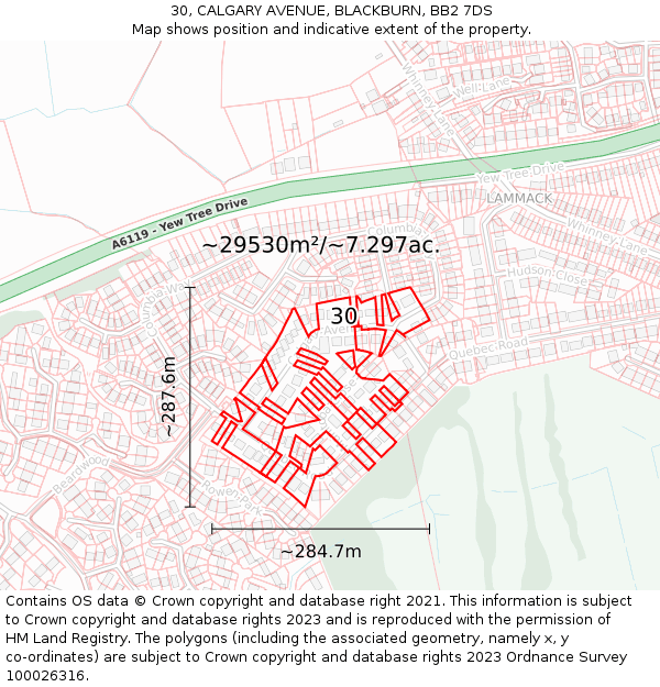 30, CALGARY AVENUE, BLACKBURN, BB2 7DS: Plot and title map