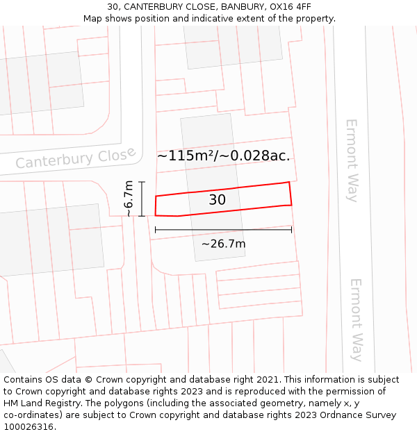 30, CANTERBURY CLOSE, BANBURY, OX16 4FF: Plot and title map