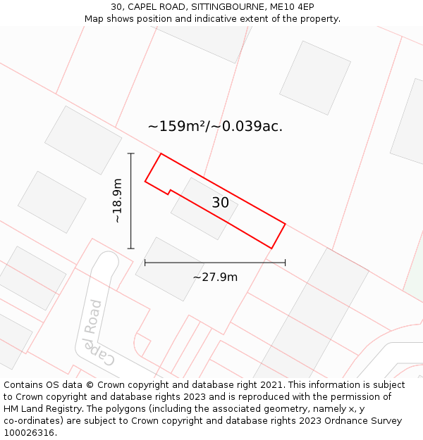 30, CAPEL ROAD, SITTINGBOURNE, ME10 4EP: Plot and title map