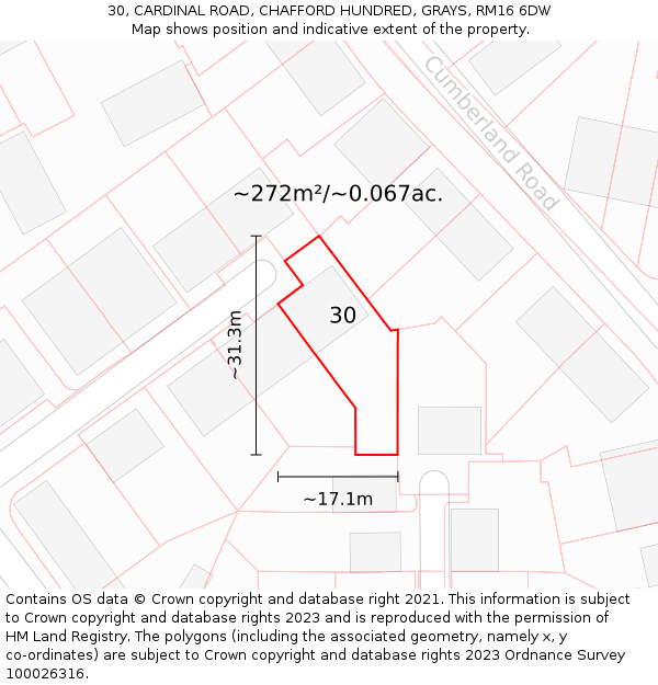 30, CARDINAL ROAD, CHAFFORD HUNDRED, GRAYS, RM16 6DW: Plot and title map