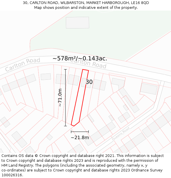 30, CARLTON ROAD, WILBARSTON, MARKET HARBOROUGH, LE16 8QD: Plot and title map