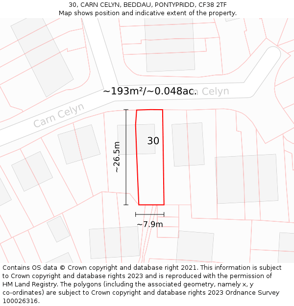 30, CARN CELYN, BEDDAU, PONTYPRIDD, CF38 2TF: Plot and title map