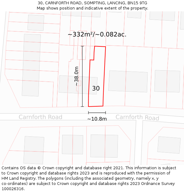 30, CARNFORTH ROAD, SOMPTING, LANCING, BN15 9TG: Plot and title map