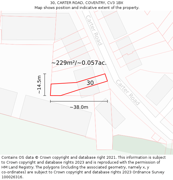 30, CARTER ROAD, COVENTRY, CV3 1BX: Plot and title map