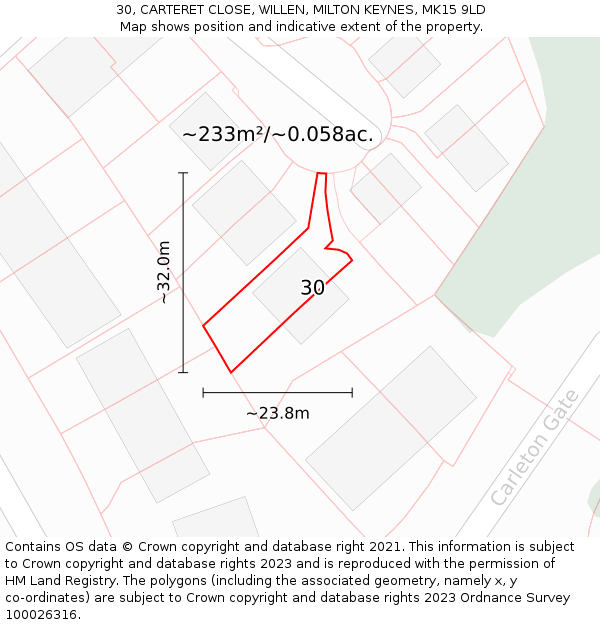 30, CARTERET CLOSE, WILLEN, MILTON KEYNES, MK15 9LD: Plot and title map
